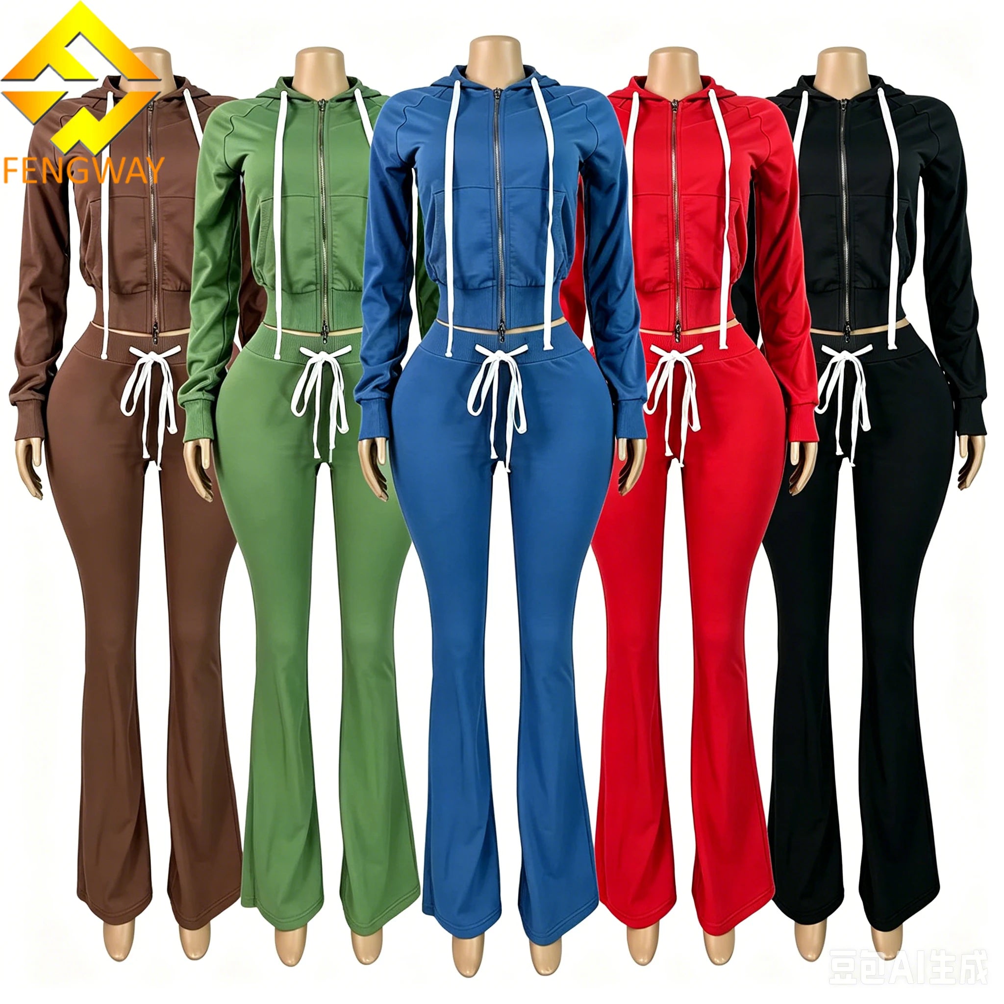 Womens Winter Clothing Zipper Hoodie Coat Sweatpants Jogger Women Two Piece Flare Pants Sweatsuit Set Tracksuit