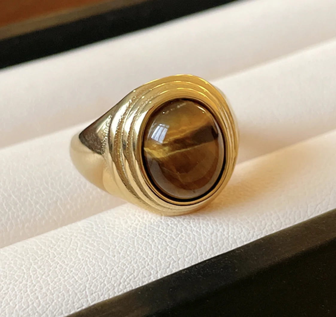 Titanium Steel Round Waterproof Tiger's Eye Ring Simple Vintage Stainless Steel Index Finger Ring Premium Commuter Ring