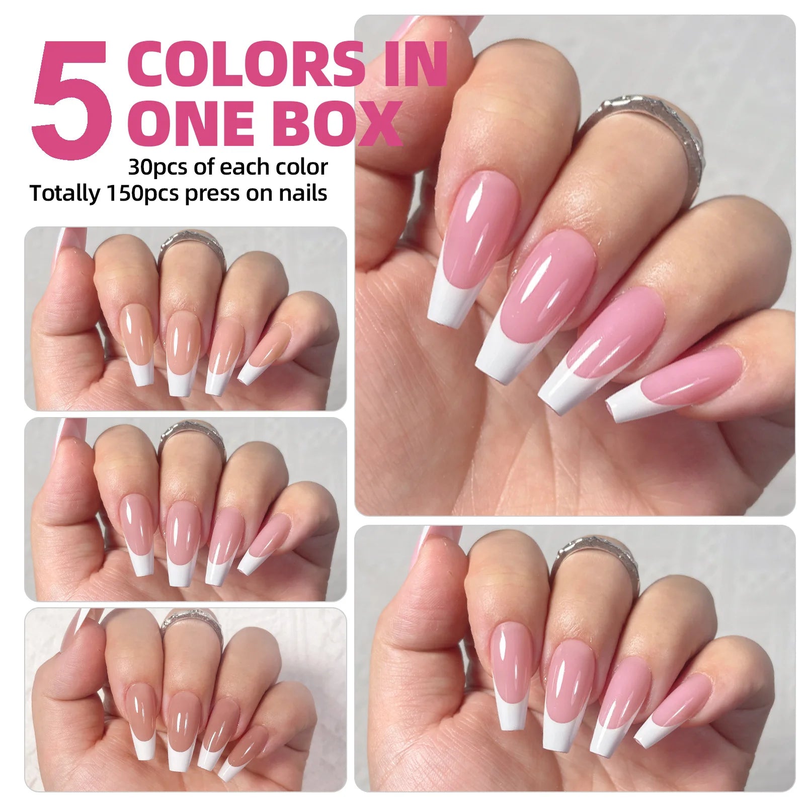 5 Colors in One Box 150pcs Nail French Press on Nails 15 Sizes Manicure Square Almond False Nail Tips