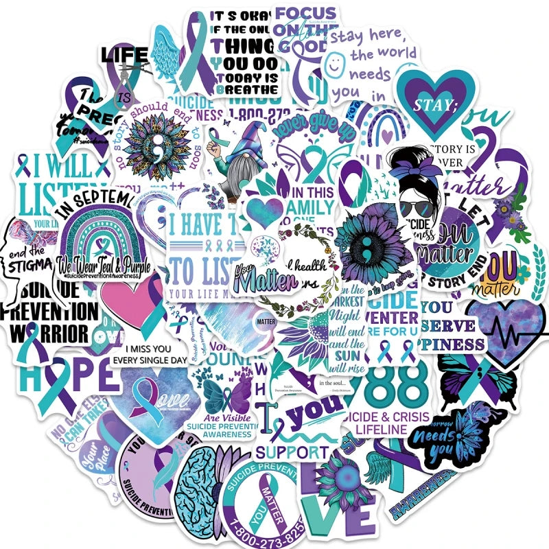 50pcs Suicide Prevention Awareness Stickers for Water Bottles Teal & Purple Ribbon Stickers for Teens Adults Laptop Phone Case