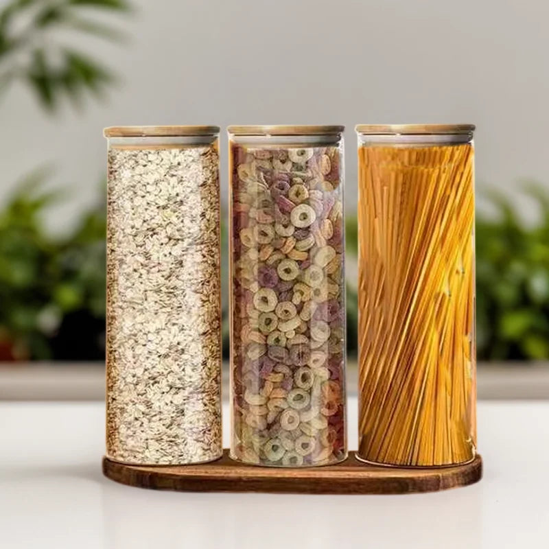 3PCS 2L SET Multifunction High Borosilicate Glass Storage Food Bottles Jar Container With Bamboo Lid for Spice Spaghetti
