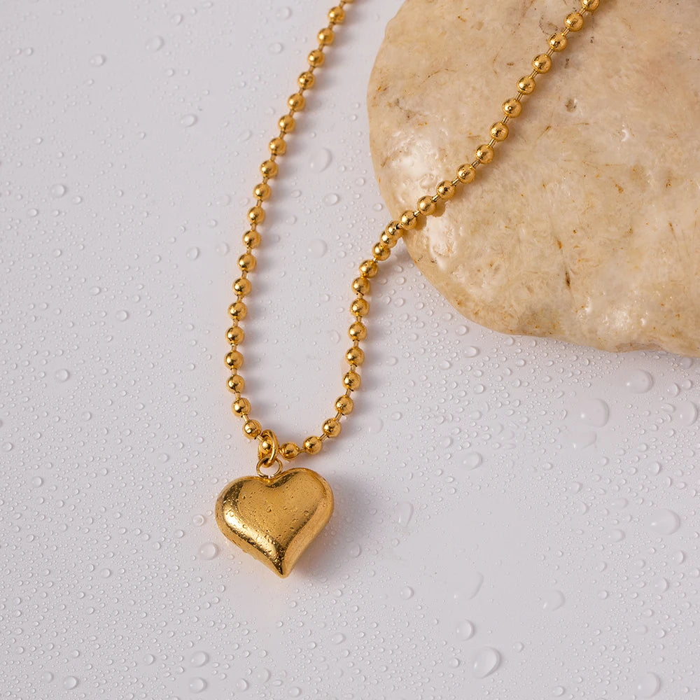 J&D Unisex Stainless Steel 18K Gold Plated Pendant Necklace Trendy Chunky Heart Shape Beaded Fashion Jewelry Set