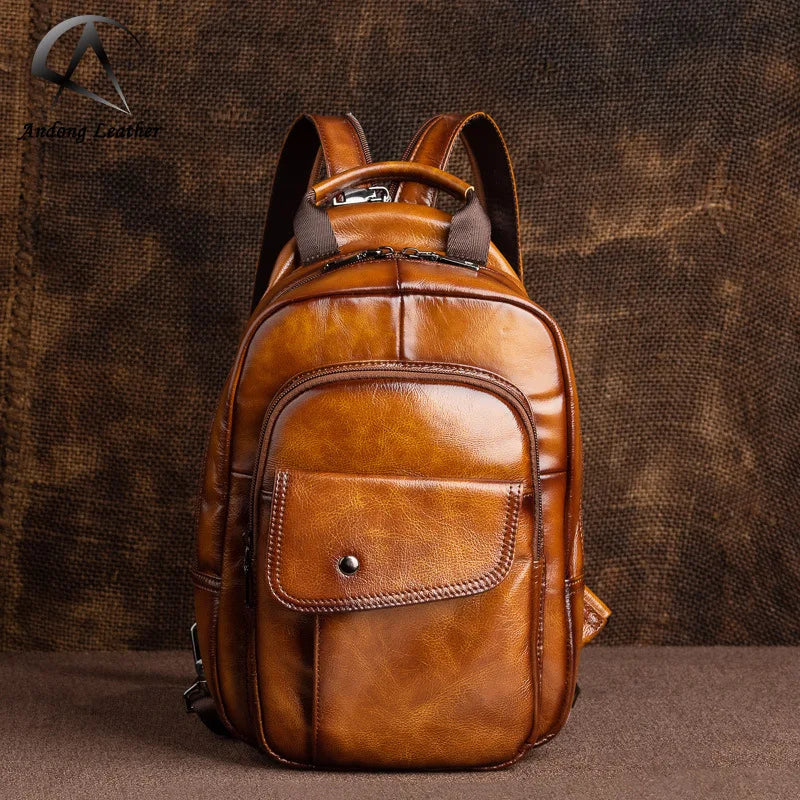 Andong Retro Handmade Color Men Shoulder Bag Genuine Cowhide Business Backpack with USB Charging Backpacks Cow Leather