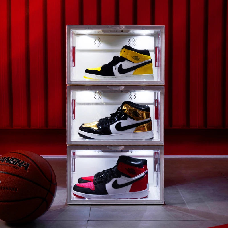 Sound Activated Plastic Shoe Box Led Side Open clear Magnetic Acrylic Custom Transparent Shoe Box Led Stackable Box with Light