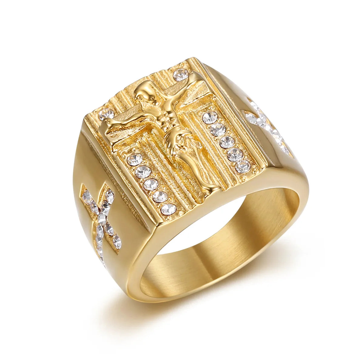 European and American Foreign Trade Aliexpress Explosion Gold-plated Diamond Titanium Steel/stainless Steel Cross Ring