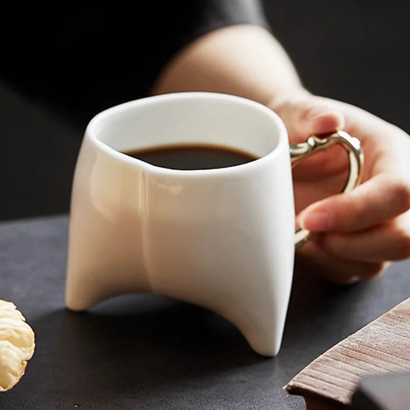 Creative Gold Handle Triangle Porcelain Coffee Mug 8oz Ceramic Cup for Cappuccino Espresso Latte with Stylish Design