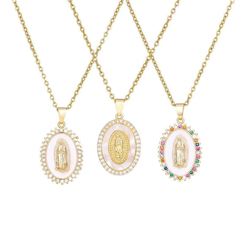 18k Gold Plated Multi Colors Zirconia Simple Fashion Gift Charms Virgin Mother Mary Rose Necklace Pendant