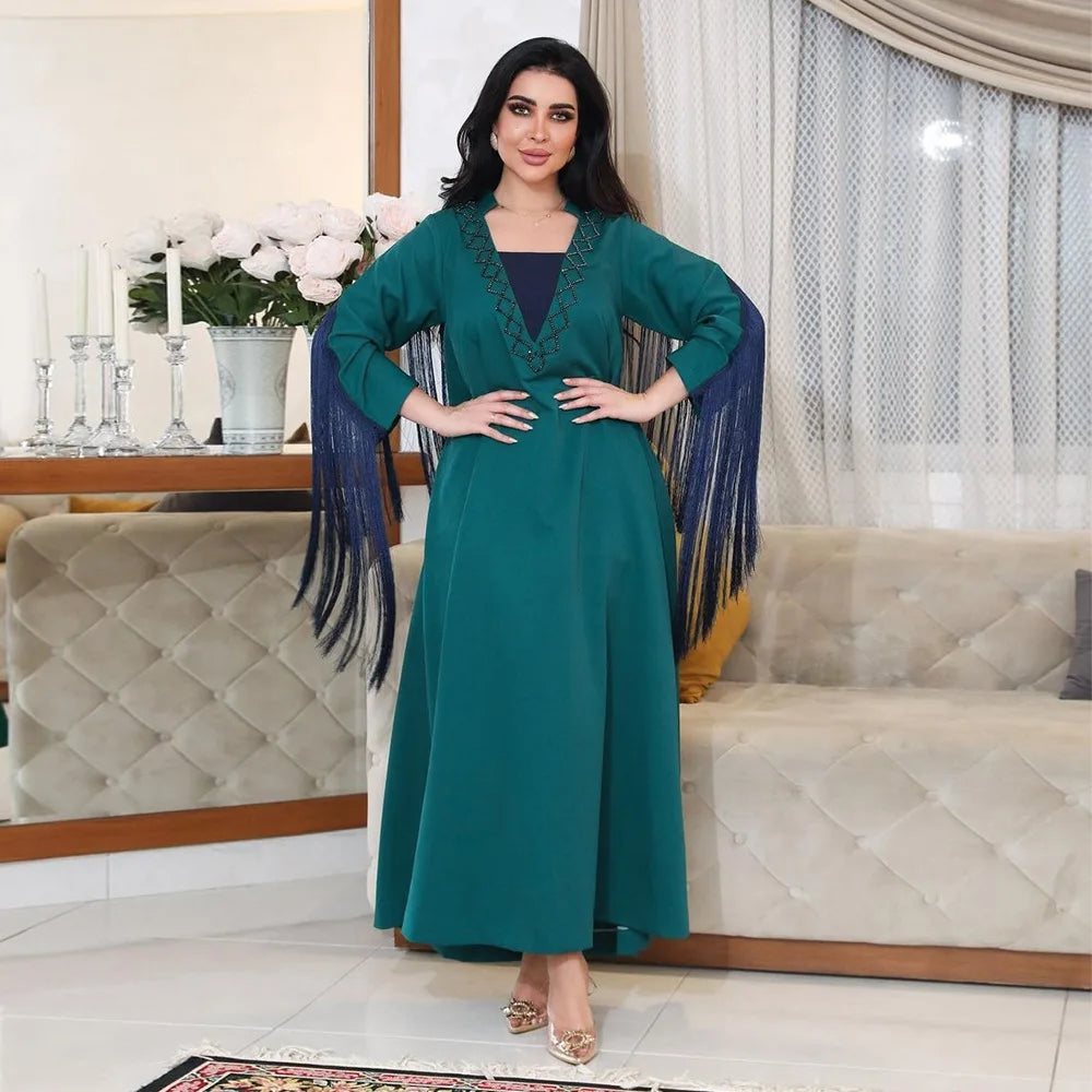Abaya Dubai 2024 Hot Rhinestone Fringed Robe Abaya Dress V-neck Long Sleeve Tassel Satin Silk Open Kaftan Abaya Arab Dress