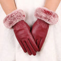 Women's Leather Gloves and Fleece Thick Imitation Rabbit Fur PU Warm Touch Screen Gloves
