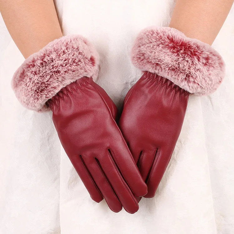 Women's Leather Gloves and Fleece Thick Imitation Rabbit Fur PU Warm Touch Screen Gloves