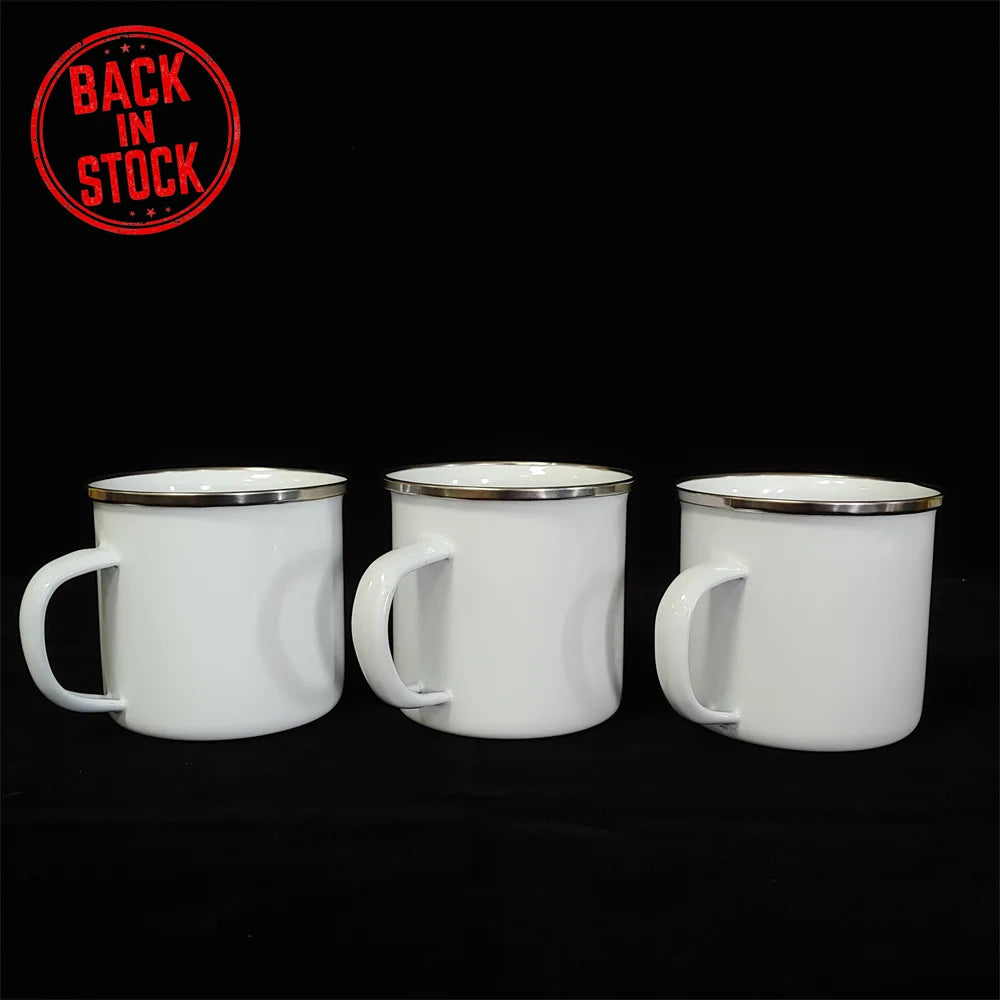 Ready to Ship S017 12oz Heat Transfer Enamel Coffee Mug Camping Cup With Wide Handle and Smooth Rim for Sublimation