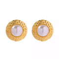 Waterproof 18K Gold Plated Brass Round Hammer Texture Irregular Pearl Stud Earring for Girls