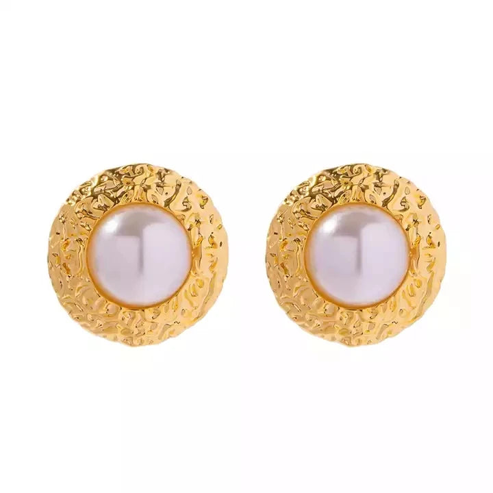 Waterproof 18K Gold Plated Brass Round Hammer Texture Irregular Pearl Stud Earring for Girls