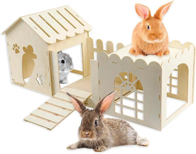 Large Wooden Rabbit Hideout Wooden Castle Cage for Multi-chamber Small Animals Rabbit Play House Habitat Decorated Tunnel Sui