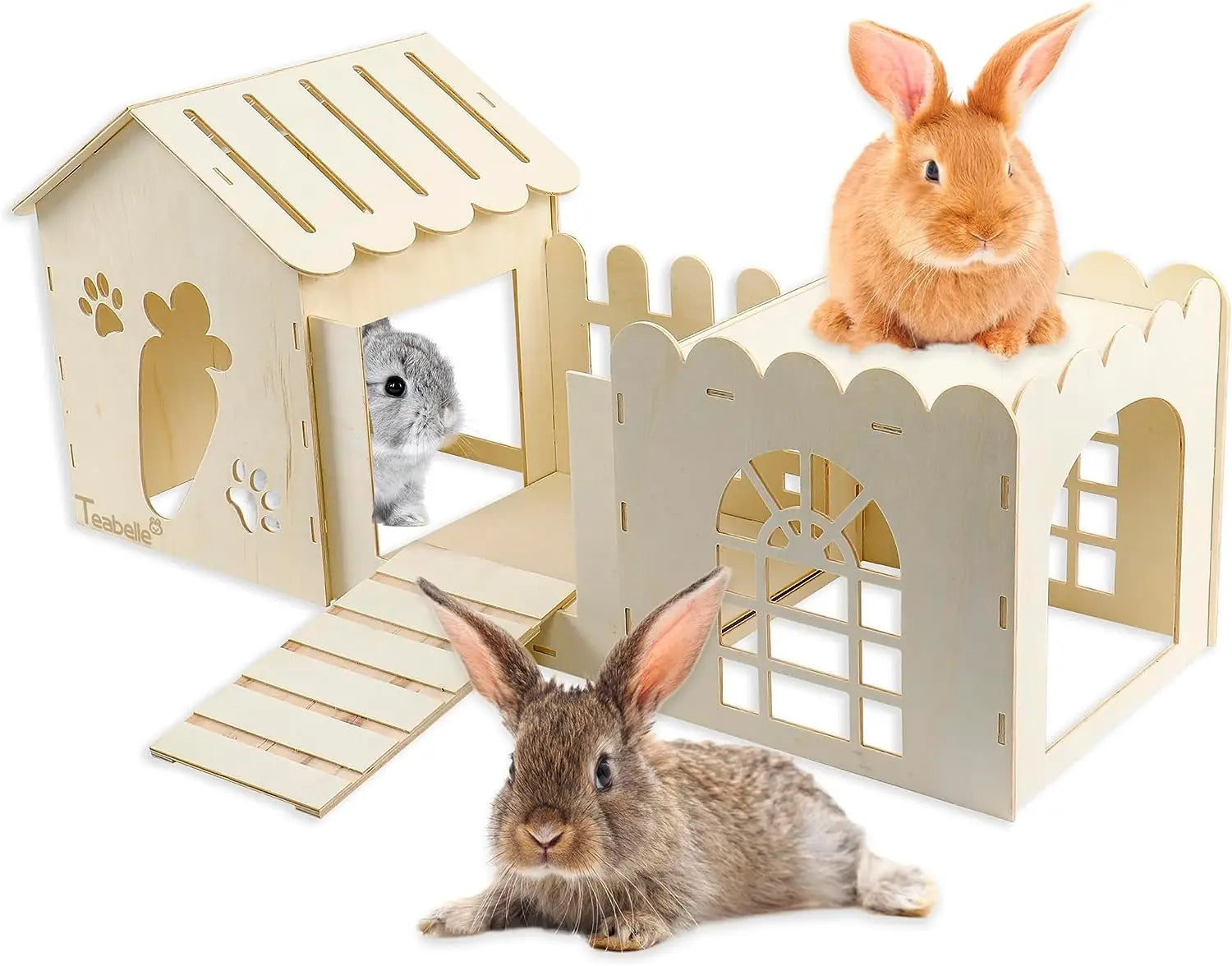 Large Wooden Rabbit Hideout Wooden Castle Cage for Multi-chamber Small Animals Rabbit Play House Habitat Decorated Tunnel Sui
