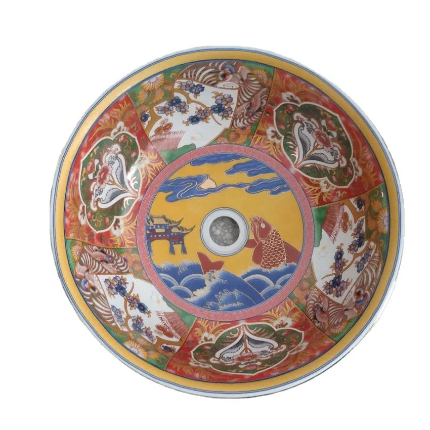 Jingdezhen Luxury Design Traditional Style Famille Rose Art Washbasin Porcelain Bathroom Sinks 12L Capacity Eco-Friendly for