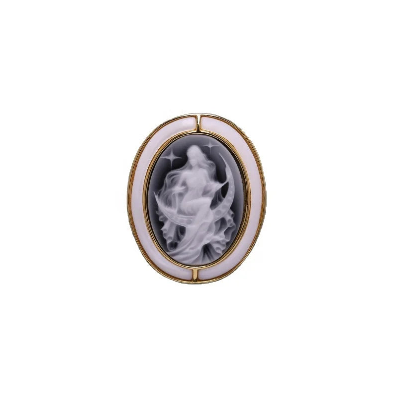 Beserk 3D Carved Moon Pendant Brooch Deco Natural Shell in 18K Gold Plated Over 925 Sterling Silver