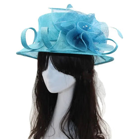 Fashion Women Blue Sinamay Rhinestone Wide Brim Sun Hat Kentucky Church Hats Elegant Fancy Women Derby Formal Hats