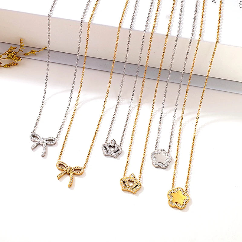 Italian Designer Fine Stainless Steel 18K Gold Plated Jewellery Zirconia Crown Bowknot Flower Charms Elegant Chokers Necklaces