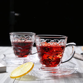 Simple Design Decorative Glass Cup Saucer Set With Pattern Handles Drinking Coffee Cup With Saucer