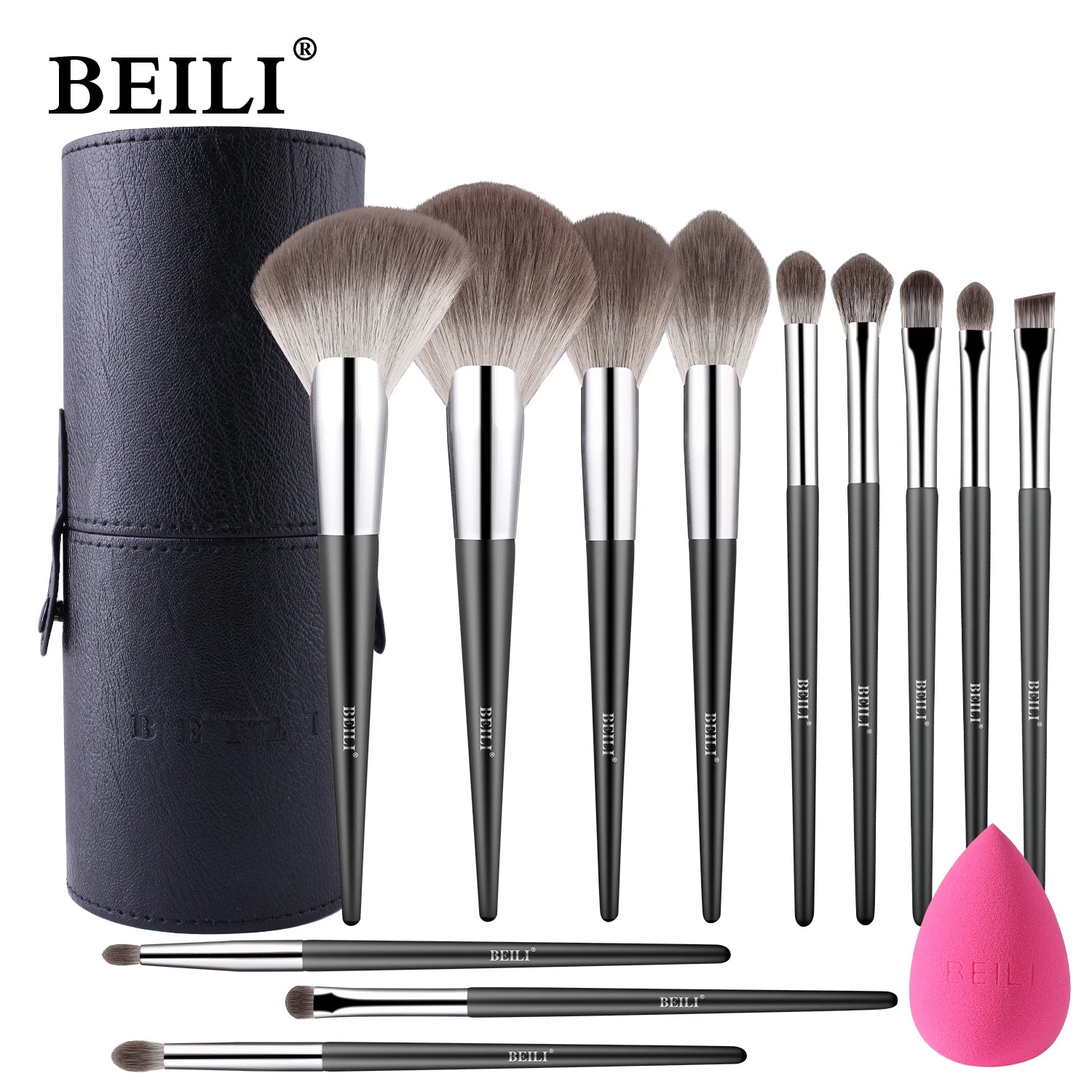 For Wholesale Custom 12pcs OEM Professional Makeup Brushes Face Eco-friendly Matte Black Labeled Handles Full Brush Set Bag