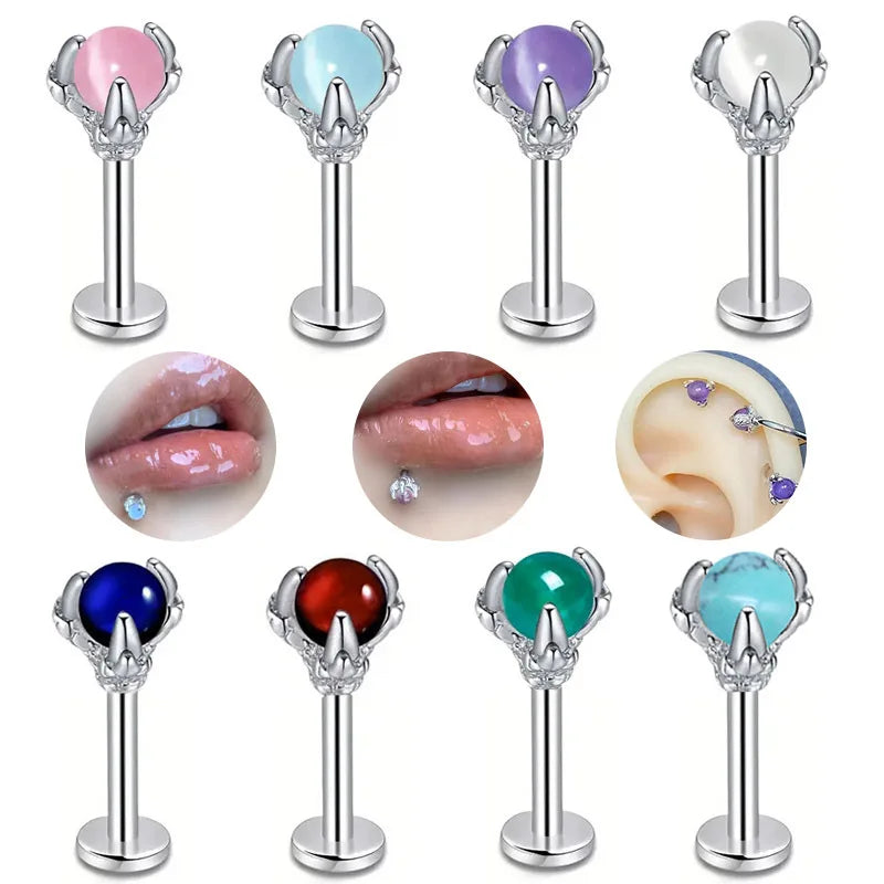 Dragon's Claw Opal Stainless Steel Jewelry Flat Bottom Lip Stud Fashion Accessories for Weddings Wholesale Lip Ring