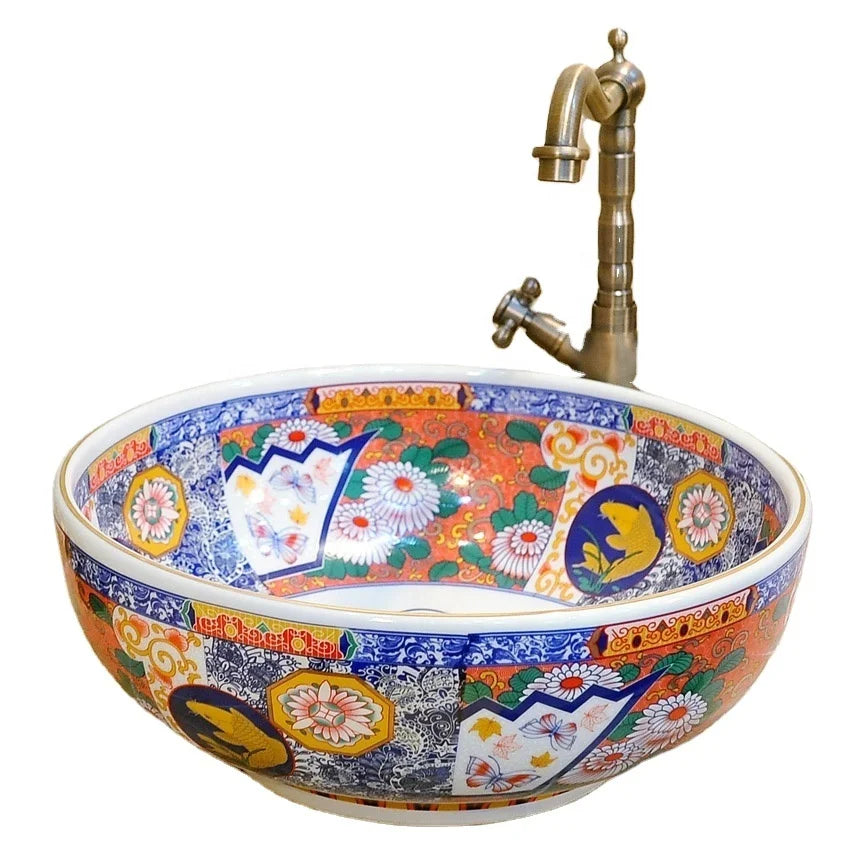 Modern Luxury Gold Basin Popular Ceramic Bathroom Sink Round Washbasin Set for Face Washing Countertop