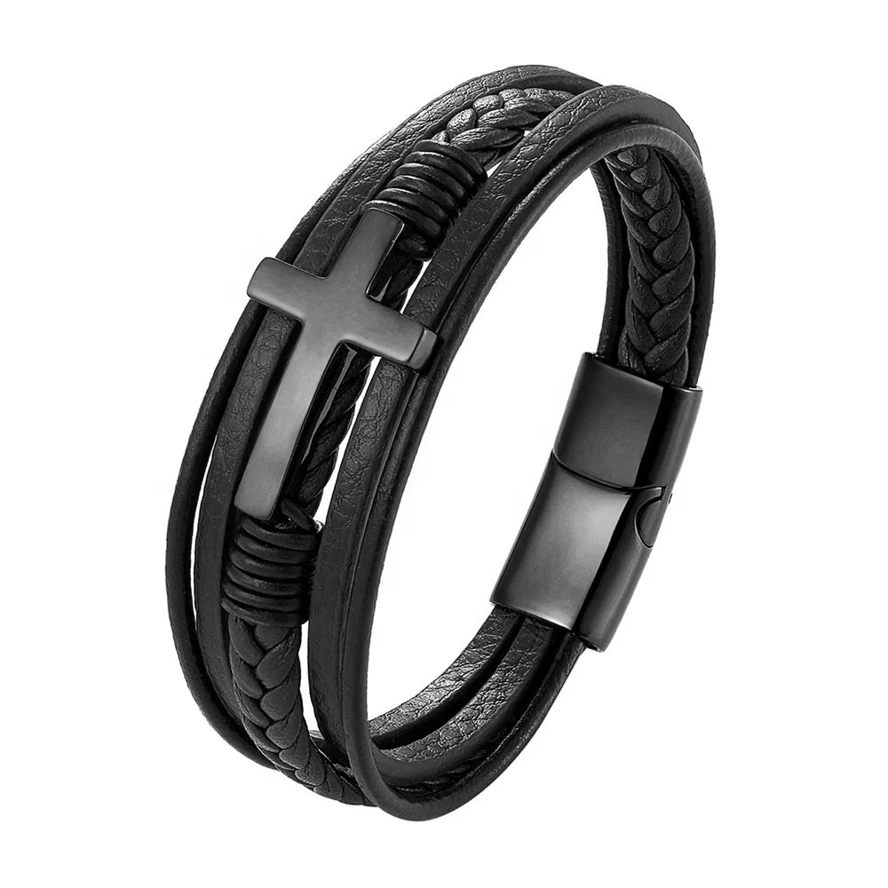 POYA Multilayer Braided Cross Mens Genuine Leather Bracelets with 316L Stainless Steel Magnetic Buckle