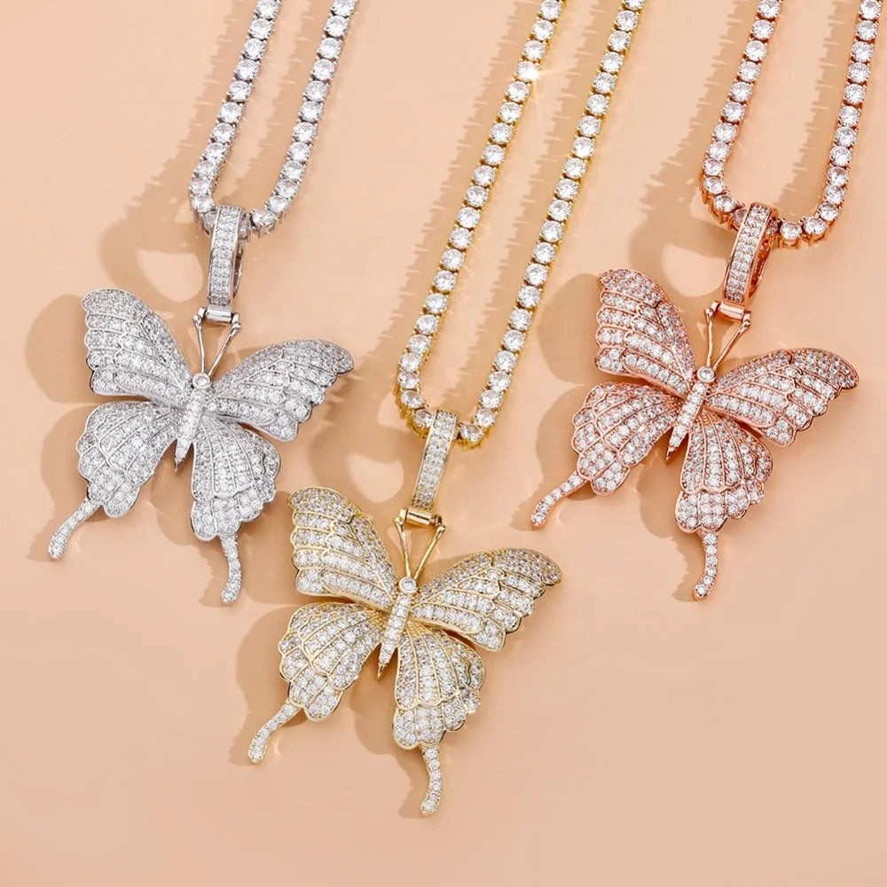 Animal Butterfly Pendant Necklace Tennis Chain Gold Plated Cubic Zirconia Men Women Hip Hop Rock Jewelry Butterfly Charm