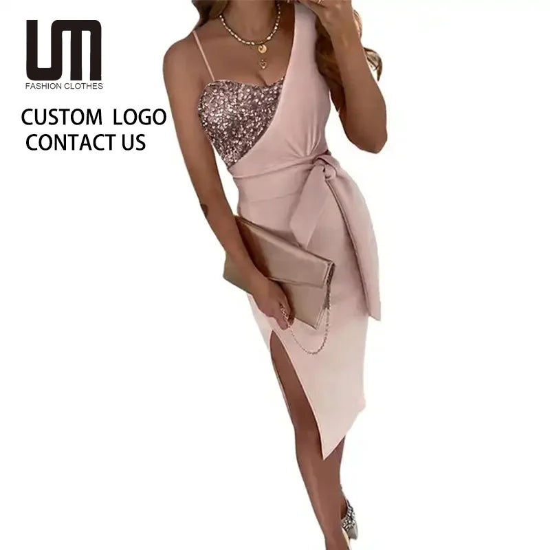 Liu Ming Elegant Fashion Summer Women Clothes Sequined Asymmetrical Party Night Midi Dresses