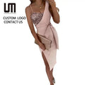 Liu Ming Elegant Fashion Summer Women Clothes Sequined Asymmetrical Party Night Midi Dresses