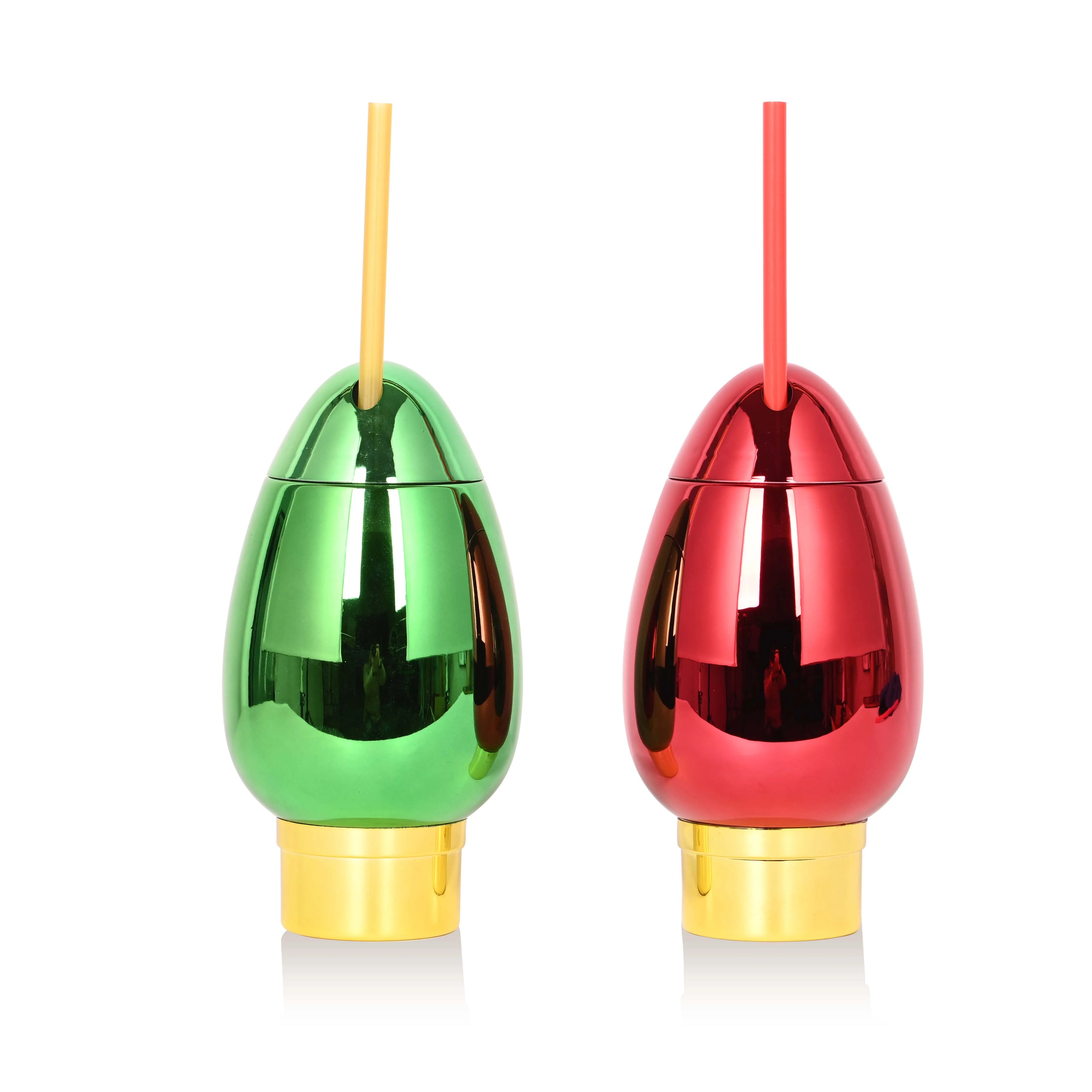 Hot Sale Electroplated Plastic Christmas Bulb Cup With Lid and Straw for Christmas Decorations and Drinks