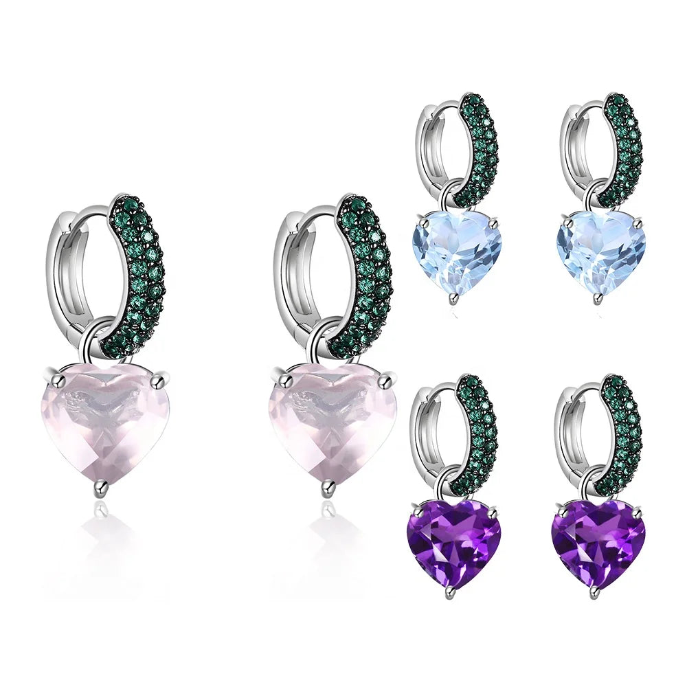 C8213 Abiding Factory Heart Shape Natural Rose Quartz Amethyst Sky Blue Topaz 925 Sterling Silver Hoop Earrings