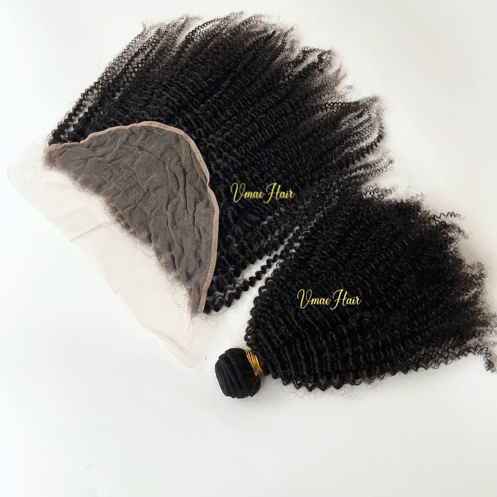 VMAE Raw Afro Kinky Curly Wavy Bundles Human Hair with Frontal and Closure Cuticle Aligned Hair 13x6 HD Lace Frontal