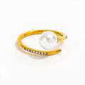 High End Women's Stainless Steel Ring 18K Gold PVD Zirconia Micro Pave Open Design Imitation Pearl Trendy Tarnish Free Jewelry