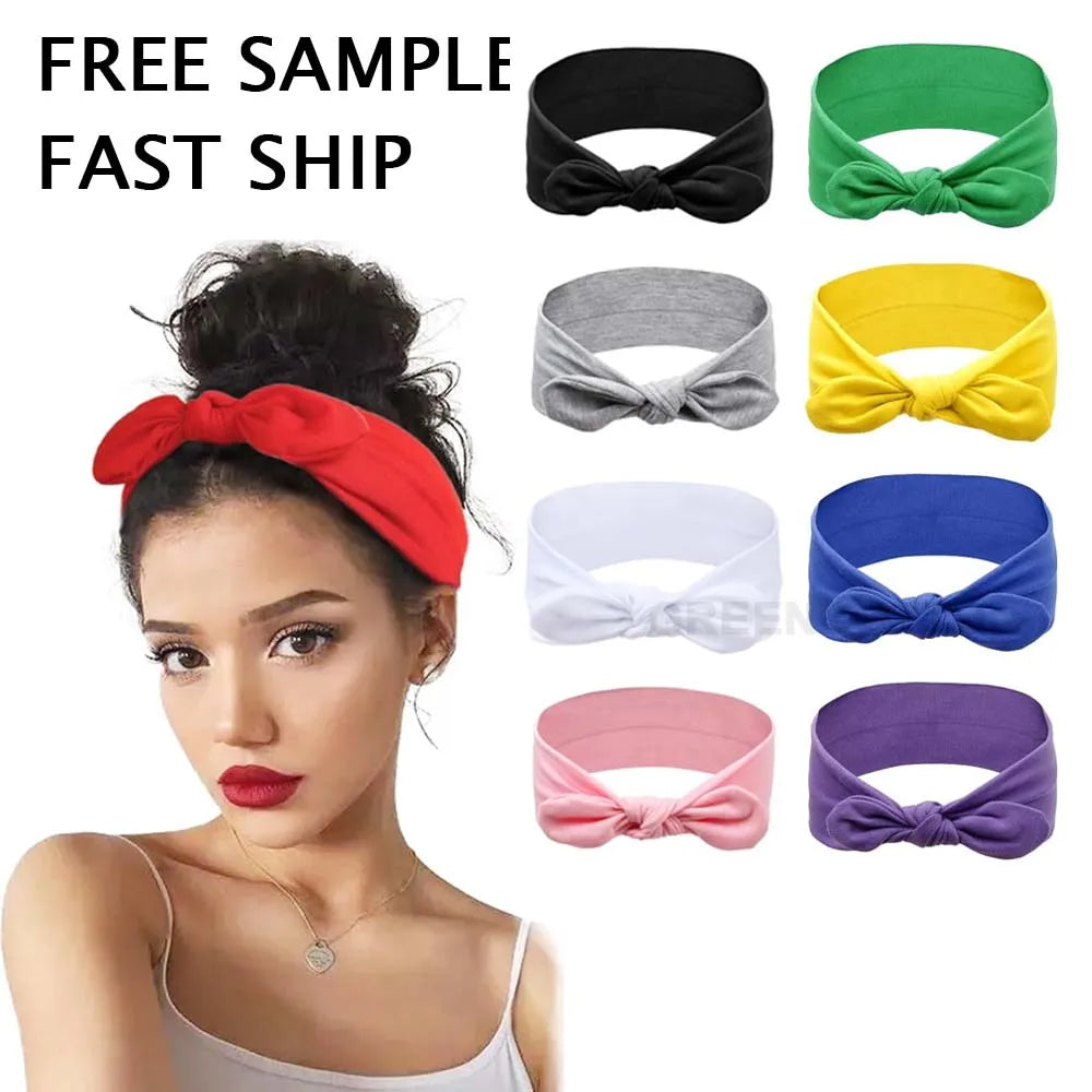 Custom Logo Fashionable Rabbit Ear Hair Accessories Elastic Cross Headband Fabric Sports Yoga Sweatband Hair Accessories
