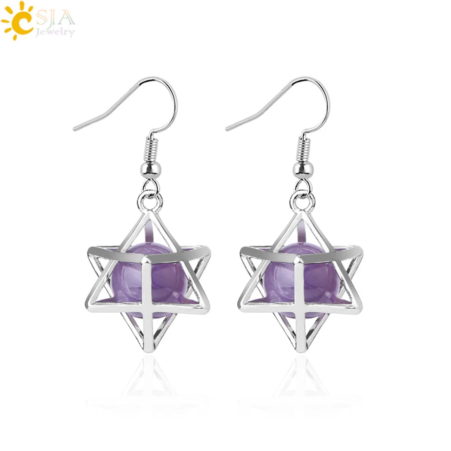 CSJA Wholesale Natural Stone Hexagram Merkaba Star Women Earrings Reiki Jewelry Purple Crystal Bead Drop Ear Ring F878