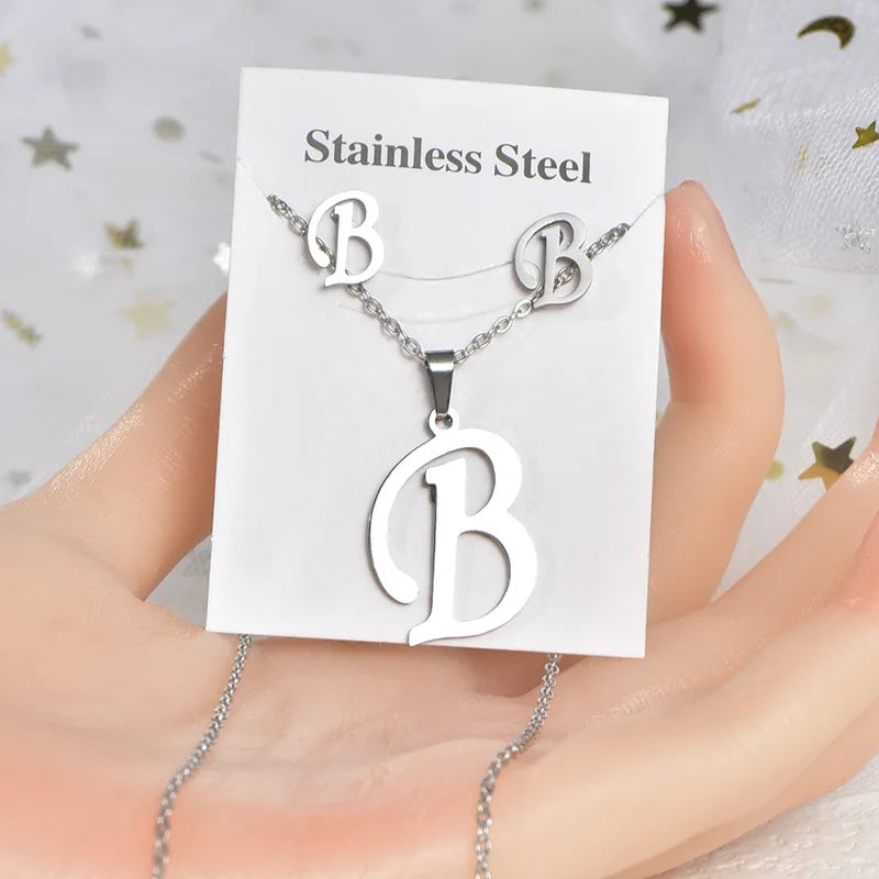 No Fade Silver Stainless Steel 26 English Letters Initial Alphabet Pendant Necklace and Earrings Jewelry Set for Women