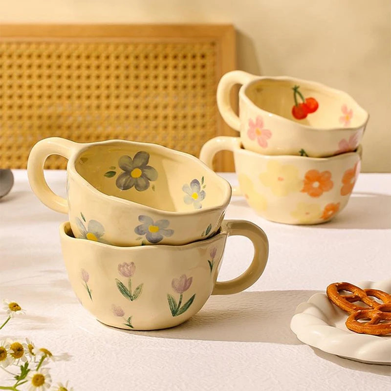 Cream Color Handpainted Ceramic Coffee Cup Irregular Breakfast Afternoon Tea Milk Oatmeal Mug With Handle Restaurant Drinkware