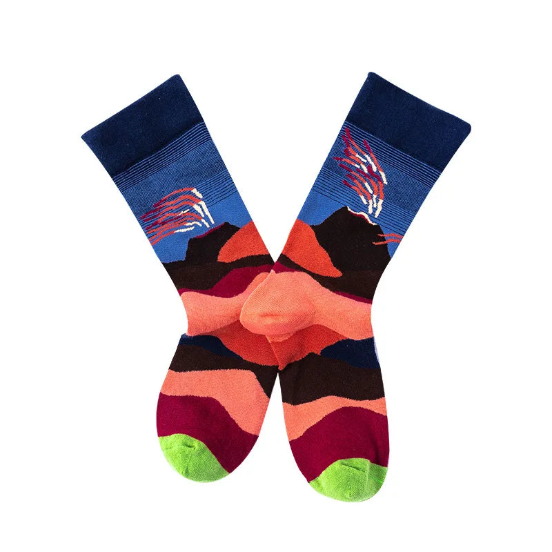 XIANGHUI Fashion Men Fuzzy Socks Women's Hosiery Oil Painting Autumn and Winter Cotton Socks Crew Colorful Socks