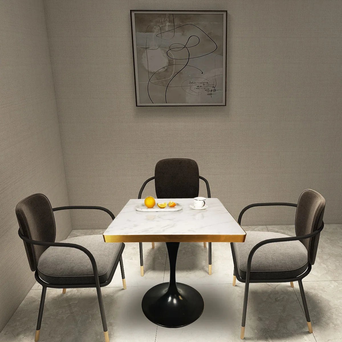 Dining Room Furniture White Marble Table Top with Black Tulip Metal Base