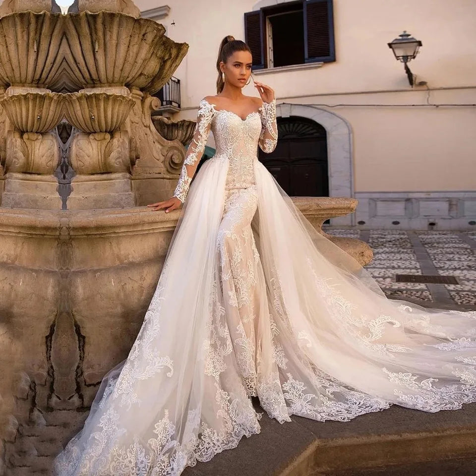 AL1087 2025 NEW Summer New 2 in 1 Mermaid Tail Tutu Skirt Wedding Dress Long-sleeved White Lace Wedding Dress