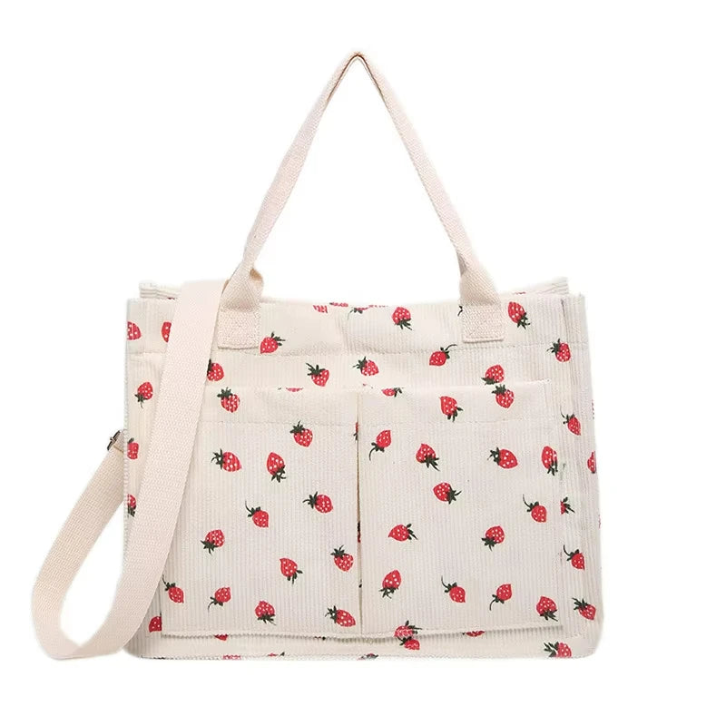Large Capacity Reusable Shopping Shoulder Bag Strawberry Women Corduroy Bag Custom