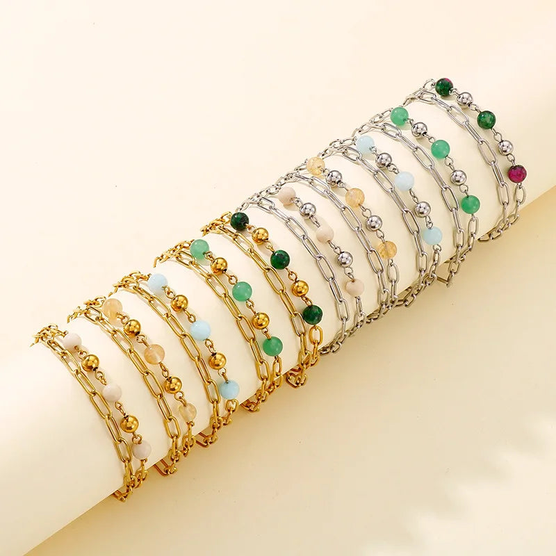 Luxury 6MM Natural Stone Bead Chain Bracelets Multilayer Paper Clip Chain Stainless Steel 18K Plated Chain Crystal Bracelet