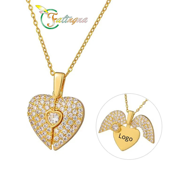 Fatingna Customizable Gold Plated Stainless Steel Women's Wedding Necklace Opening Closing Heart Wings Pendant with Figaro Chain