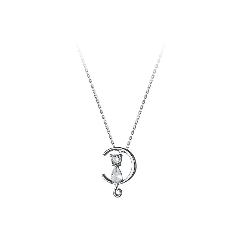 Fashion Sweet Girls Necklaces 100% 925 Sterling Silver CZ Zircon Moon Cat Pendant Necklaces Animal Jewelry