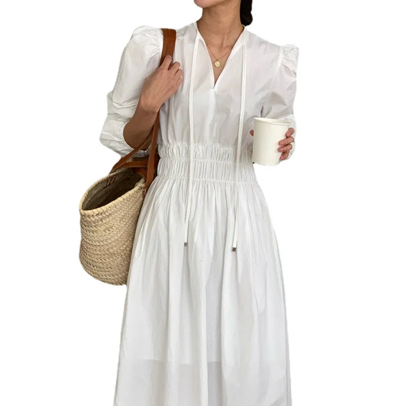Wholesale 2026 Autumn French Style V-neck Pleated Waist Show Thin Bubble Sleeves Solid Color Mid Length Women's Dress