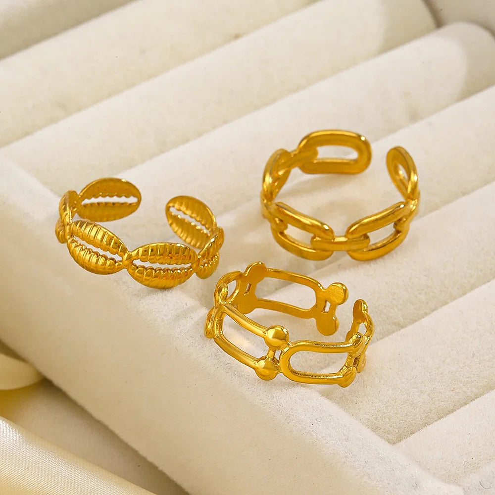 VKME New Trendy Geometric Oval Hollow 18K Gold Plated Stainless Steel Rings for Women Punk Jewelry Gift