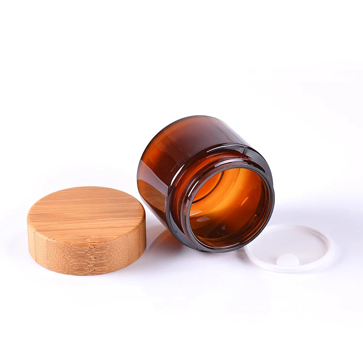 50G 100G Wood and Bamboo Lid 250ml Amber Glass Cosmetic Jars Plastic Jars with Unique Lid Design