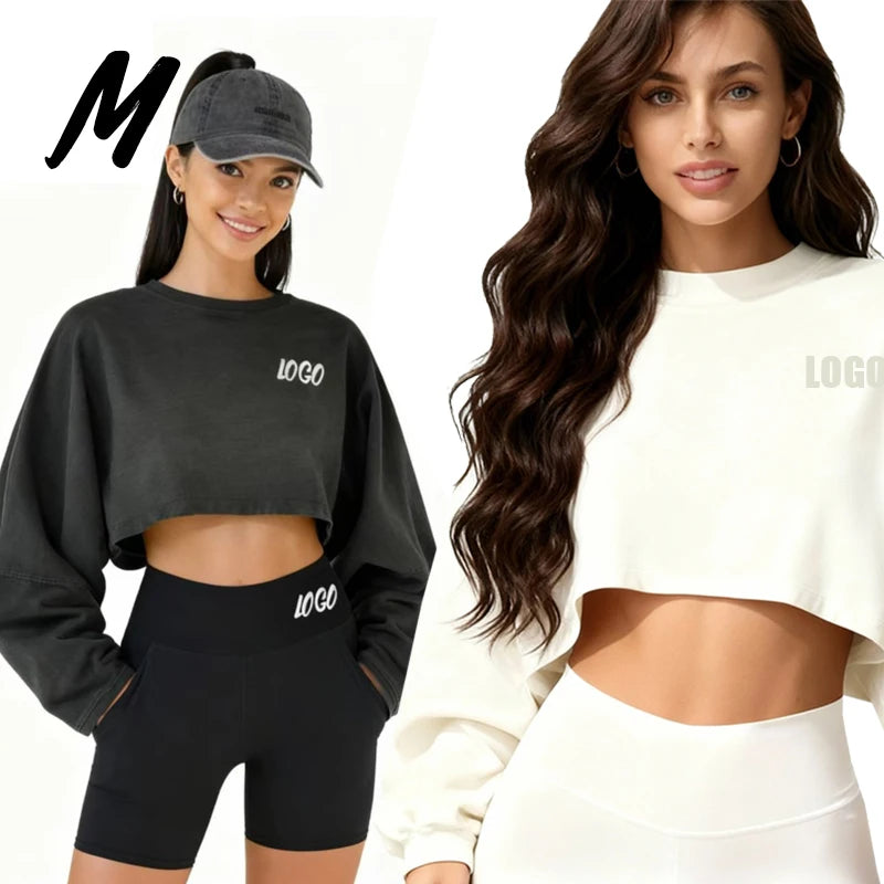 Custom Hoodie Printing Pullover Streetwear Embroidery Logo Crewneck Sweatshirt Cropped Yoga Gym Workout Sweat Shirt for Women